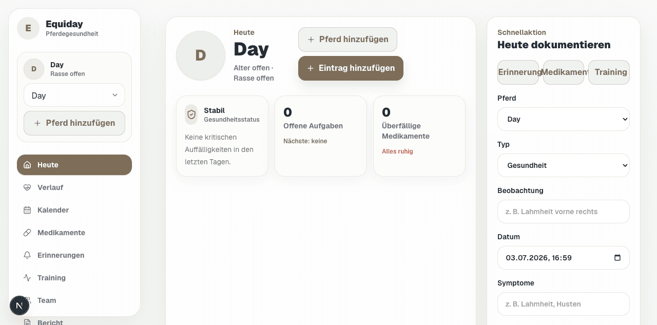 Equiday WebApp Dashboard mit Pferdeübersicht