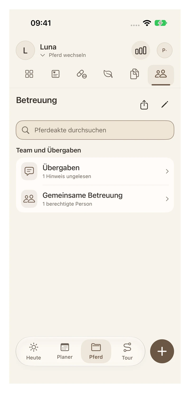 Betreuungsübersicht mit Übergaben und berechtigten Personen