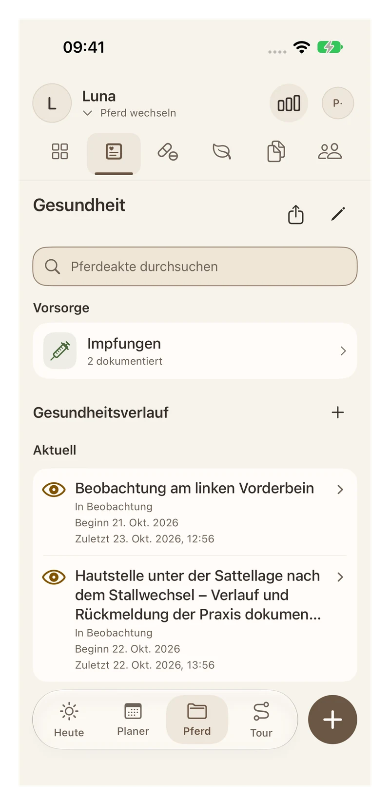 Gesundheitsakte mit Impfungen und offenen Beobachtungen