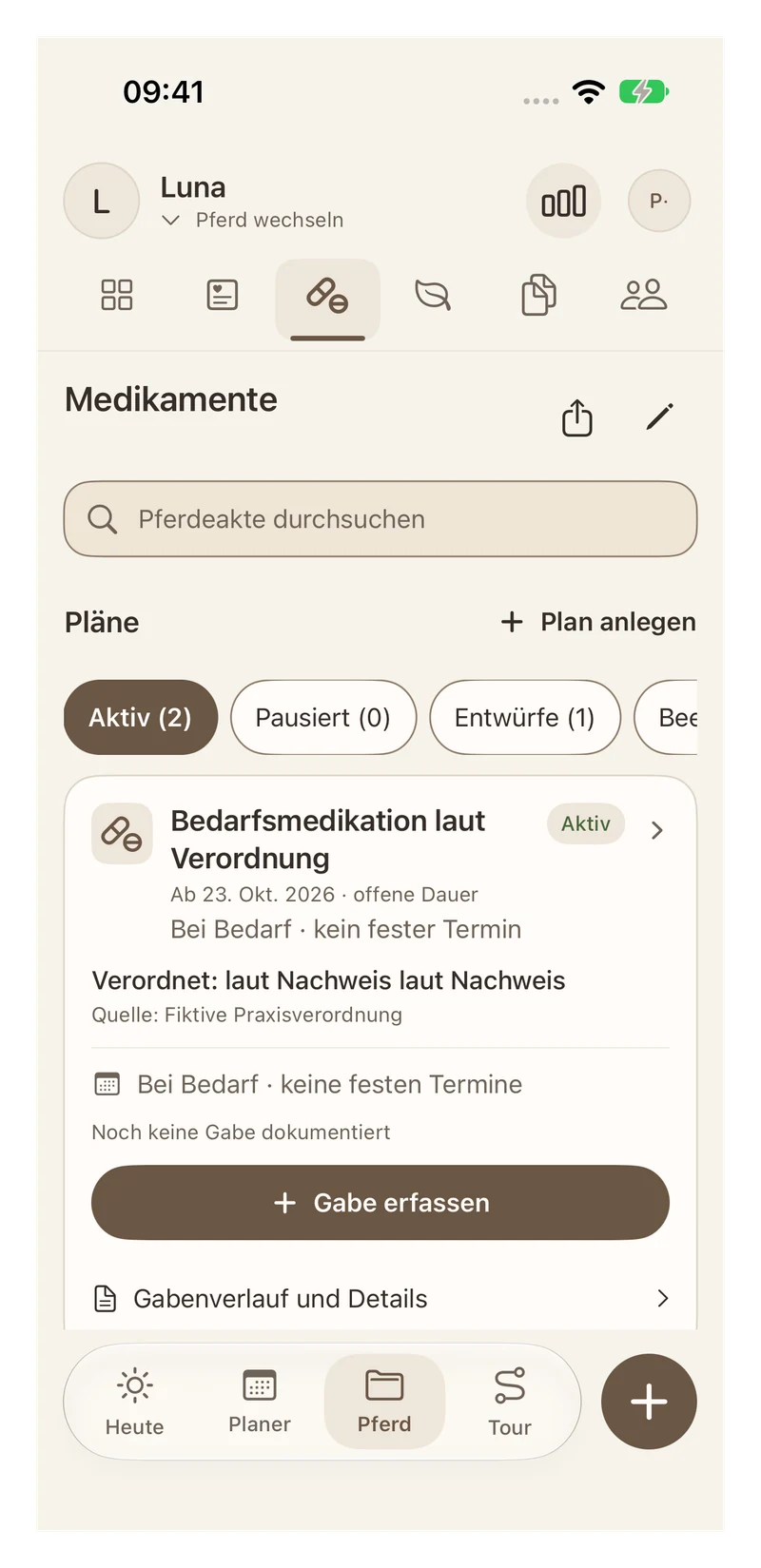 Medikamentenpläne mit Verordnung und dokumentierten Gaben